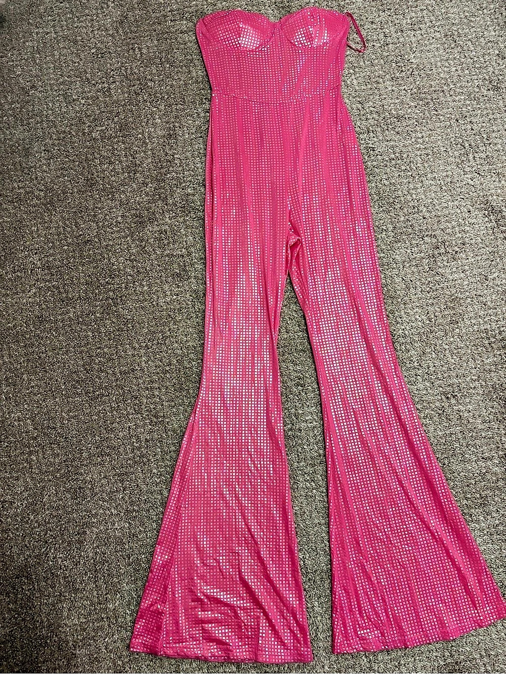 Pink Sequin Strapless Flare Jumpsuit Like New